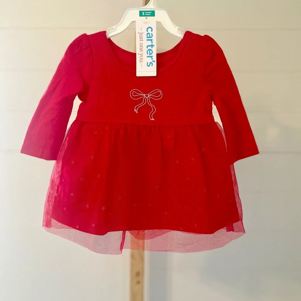 Carters Red Long Sleeve Tulle Dress with Bow and Bloomers Size 6 Months